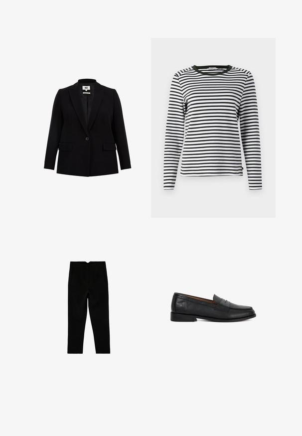 Blazer negro con solapa de muesca, cierre de un solo botón, dos bolsillos frontales y mangas largas. Fabricado en un tejido suave con un corte ajustado.; Camisa de manga larga a rayas en blanco y negro, con un cuello redondeado verde. Tejido suave con un corte regular y dobladillo recto.; Pantalones negros a medida hasta el tobillo con bolsillos laterales y pierna ligeramente entallada, mostrados extendidos sobre un fondo blanco.; Mocasin negro de cuero con tacón bajo, punta redondeada y detalle de tira en la parte superior lisa, mostrado en perfil lateral izquierdo.