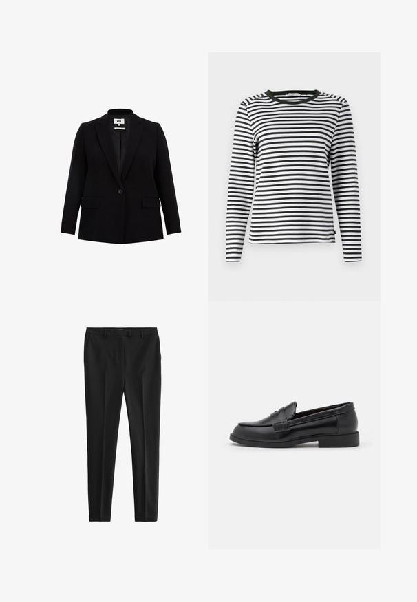 Sort blazer med klapkrave, enkelt knaplukning, to frontlommer og lange ærmer. Fremstillet af glat stof med en skræddersyet pasform.; Langærmet skjorte i sort og hvid stribet design med en rund, grøn halsudskæring. Blødt stof med normal pasform og lige søm.; Sorte bukser i et glat, letvægtsstof. Har en skræddersyet pasform, forkantede folder og standard bæltestropper med sidelommer og baglommer.; Sorte læder loafers med en glat overflade, rund tå, syet detalje på overdelen og en lav, flad gummisål.