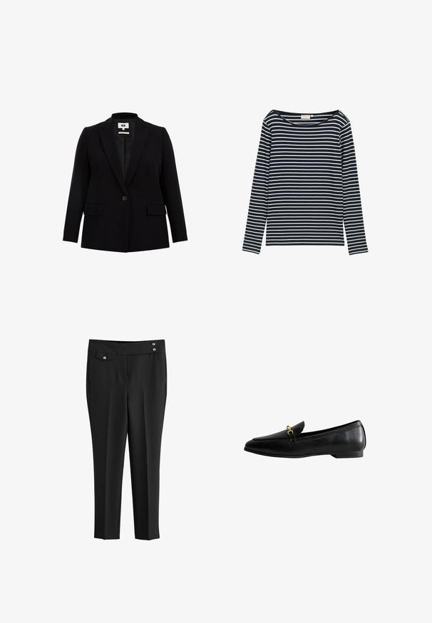 Blazer noir avec un col cranté, fermeture à un bouton, deux poches avant et manches longues. Fabriqué en tissu lisse avec une coupe ajustée.; Shirt rayé bleu marine et blanc à manches longues avec un grand col, fabriqué à partir d'un matériau doux, présentant des rayures horizontales uniformément espacées.; Pantalons noirs cintrés avec devant plat, poches latérales, petite poche à rabat boutonnée, et deux boutons déco en or à la taille.; Mocassin en cuir noir avec un bout pointu, doté d'un détail de fermoir en ton doré. La chaussure a un petit talon et une texture lisse.