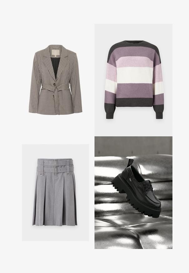 Karierter Blazer aus Stoff in Grau- und Schwarztönen, mit einem einzelnen Knopf, Reverskragen und einem Taillengürtel.; Strickpullover mit horizontalen Streifen in dunkelgrau, hellgrau, lavendel und weiß; Rundhalsausschnitt und gerippte Bündchen.; Grauer, plissierter Rock mit Nadelstreifen, Doppelgürtel und silbernen Schnallen, mit D-Ring-Akzenten an der Taille.; Schwarzer Lederschuh mit dicker Sohle und dicken Schnürsenkeln, der auf einer reflektierenden silbernen metallischen gepolsterten Oberfläche liegt.