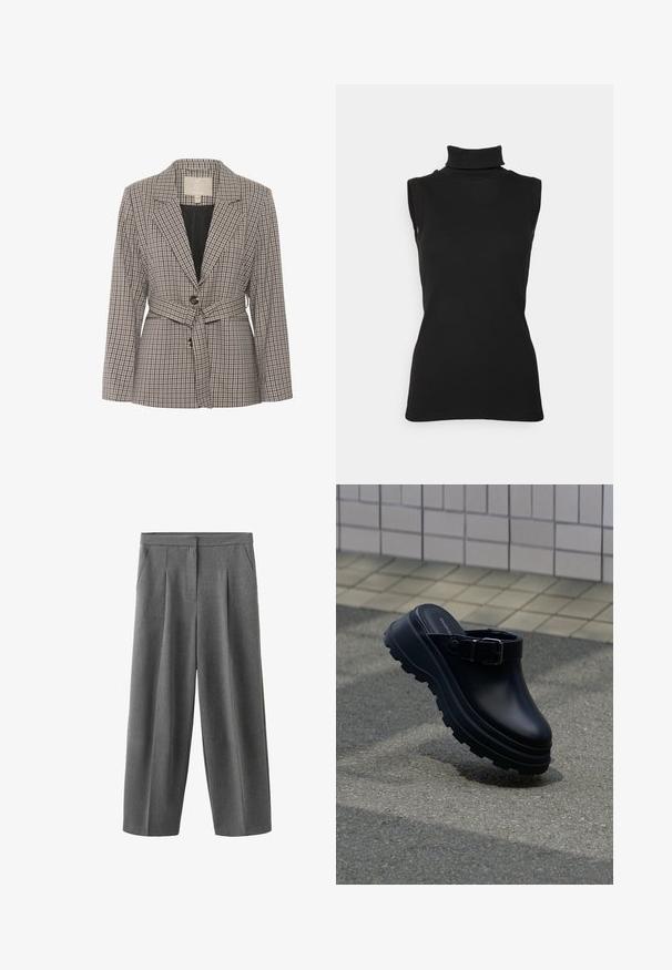 Blazer à carreaux en tissu gris et noir, avec un bouton simple, des revers crantés et une taille ceinturée.; Top noir sans manches en maille côtelée, avec un col haut et une silhouette ajustée. Texture lisse avec un minimum de détails.; Pantalon gris à jambes larges avec plis à l'avant, poches latérales et taille haute, confectionné dans un tissu à texture lisse.; Sabot noir à enfiler avec semelle épaisse crantée et bride réglable, posé sur un sol en asphalte avec un mur carrelé en arrière-plan.