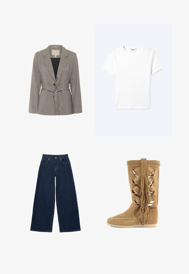 Karierter Blazer aus Stoff in Grau- und Schwarztönen, mit einem einzelnen Knopf, Reverskragen und einem Taillengürtel.; Einfaches weißes T-Shirt mit kurzen Ärmeln und Rundhalsausschnitt sowie kleinem "WEEKDAY"-Etikett im Nacken, flach auf einem hellen Hintergrund präsentiert.; Dunkelblaue Jeans mit weitem Bein, vorderen Taschen, Gürtelschlaufen und Knopfverschluss am Bund, flach auf weißem Hintergrund liegend dargestellt.; Kamelveloursleder-Stiefel bis zur Mitte der Wade mit lasergravierten Blattmustern, geflochtenem Zierband, großen seitlichen Quasten, Mokassin-Zehennaht und flacher Sohle.