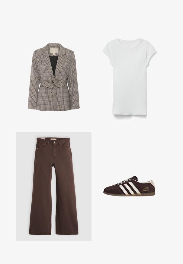 Karierter Blazer aus Stoff in Grau- und Schwarztönen, mit einem einzelnen Knopf, Reverskragen und einem Taillengürtel.; Weißes kurzärmeliges, geripptes T-Shirt mit Rundhalsausschnitt, flach auf weißem Hintergrund liegend, zeigt die Vorderseite und einen einfachen, legeren Stil.; Braune Jeans mit weitem Bein und hoher Taille, fünf Taschen und Knopfverschluss, flach auf hellem Hintergrund liegend.; Braune Wildleder-Sneaker mit drei weißen Streifen, Gummisohle und Textlabel "Gazelle" in Gold. Schnürdesign mit grauen Schnürsenkeln.