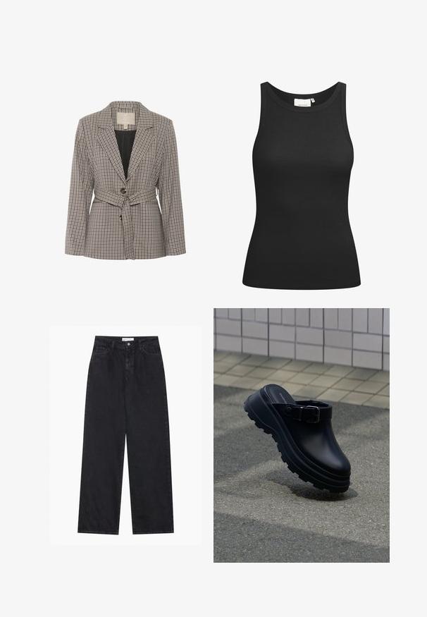 Karierter Blazer aus Stoff in Grau- und Schwarztönen, mit einem einzelnen Knopf, Reverskragen und einem Taillengürtel.; Schwarzes Tanktop aus Rippstoff mit Rundhalsausschnitt und figurbetonter Passform. Flache Nähte und keine Verzierungen. Einfaches und elegantes Design.; Schwarze hoch geschnittene, weit geschnittene Jeans aus Denim mit Vorderknopf- und Reißverschluss, Gürtelschlaufen und fünf Taschen.; Schwarzer Slip-on-Clog mit dicker profilierten Sohle und verstellbarem Riemen, über Asphalt positioniert, mit gefliester Wand im Hintergrund.