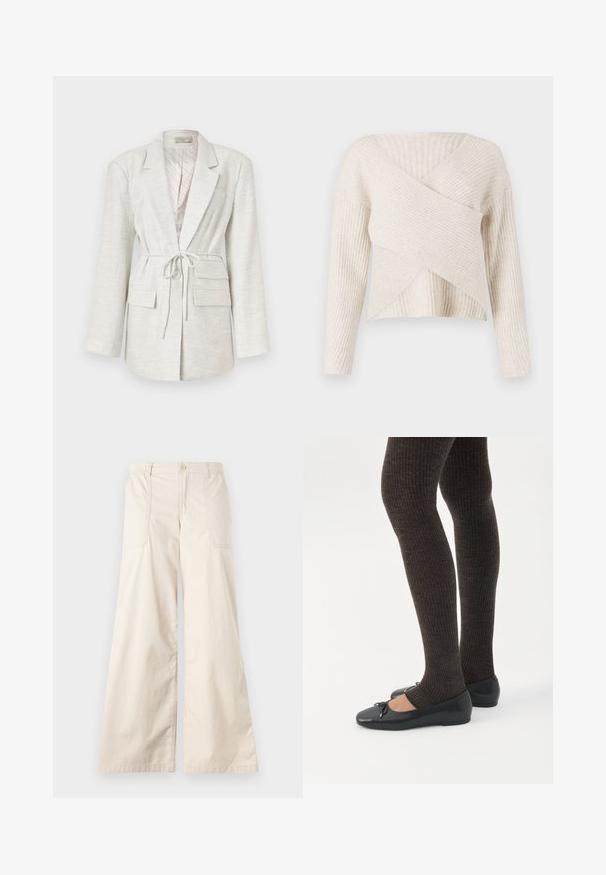 Blazer gris clair en tissu texturé, avec des manches longues, une taille à nouer, deux poches avant et une fermeture à boutons.; Pull crème côtelé avec un design croisé, manches longues et texture douce. Il présente un col en V et une silhouette courte.; Pantalons larges beiges avec fermeture à bouton, taille élastique et deux poches latérales. Tissu en coton lisse avec une texture douce.; Jambes portant des leggings côtelés foncés associés à des ballerines noires avec de petits détails en nœud sur fond blanc.