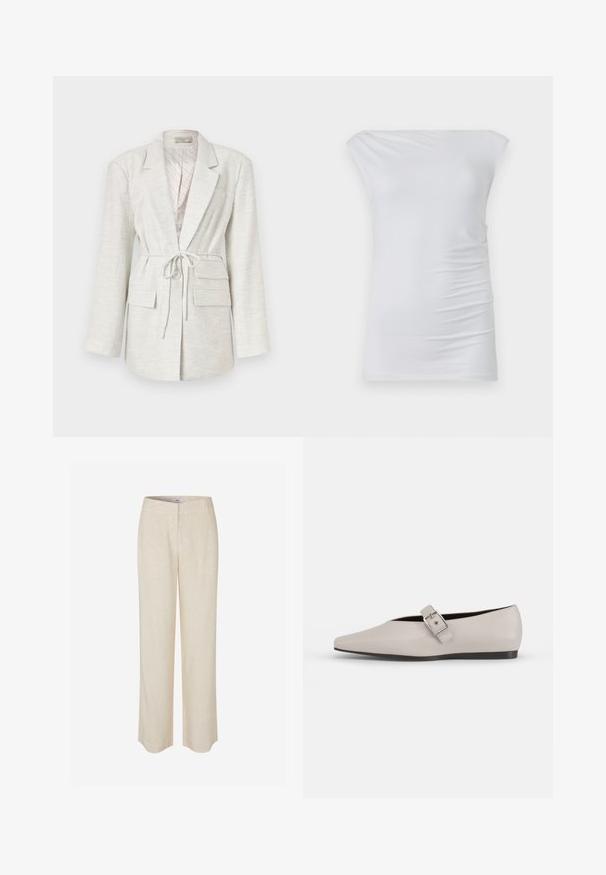 Blazer gris clair en tissu texturé, avec des manches longues, une taille à nouer, deux poches avant et une fermeture à boutons.; Haut blanc décolleté fait en tissu doux ; présente une coupe ajustée avec des fronces discrètes sur les côtés et une texture lisse.; Pantalon en lin beige à coupe droite, avec une texture lisse et un léger éclat. Comprend une ceinture et des poches avant discrètes.; Chaussure plate en cuir beige avec un bout pointu, un accent de boucle sur le côté et une semelle noire basse. Texture lisse et design minimaliste.
