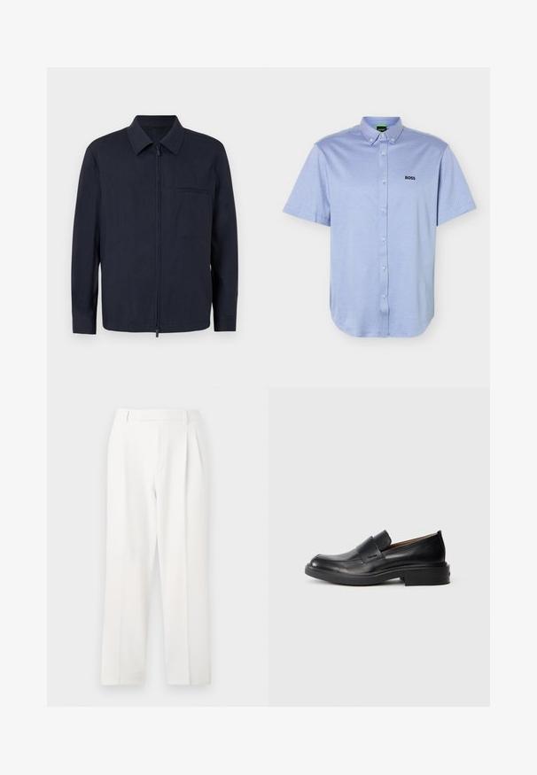 Marineblaues Jackett aus leichtem Stoff, mit einem Reißverschluss vorne, einem Kragen und einer Brusttasche. Lange Ärmel mit geknöpften Manschetten.; Hellblaues kurzärmliges Hemd mit Knopfleiste, einem Button-Down-Kragen und dem "BOSS"-Logo, das auf der linken Brust stickt ist.; Weisse, maßgeschneiderte Hose mit geradem Bein, mit Falten, flachem Front und glatter Stoffstruktur. Keine sichtbaren Taschen oder Akzente.; Schwarze Leder-Pantoletten mit niedrigem Absatz und dezentem Calvin Klein-Logo an der Seite, im Profil vor einem weißen Hintergrund dargestellt.