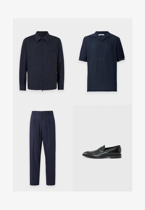 Marineblå jakke lavet af letvægtsstof, med lynlås foran, krave og en brystlomme. Lange ærmer med knapmanchetter.; Samsøe Samsøe SATRAVIS POLO - Poloshirts - salute; Marineblå bukser lavet af glat stof, med lige ben, folder foran og en enkelt knaplukning i taljen.; Sort læder herre loafer med lav hæl, rund tå og lille metallisk logo på remmen, vist i sideprofil på ensfarvet baggrund.