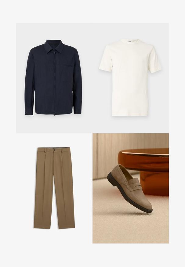 Navy blauwe jacket van lichtgewicht stof, met een rits aan de voorkant, kraag en een borstzak. Lange mouwen met knoopsluitingen bij de manchetten.; Lichtbeige katoenen T-shirt met korte mouwen en een ronde halslijn. Heeft een gladde textuur en een eenvoudig ontwerp zonder patronen of accenten.; Bruine rechte broek met riemlussen, knoop aan de voorkant en ritssluiting, plat liggend op een witte achtergrond.; Beige suède loafer met zwarte zool zwevend boven licht tapijt, naast een glanzende bruine ovale salontafel in een moderne kamer.