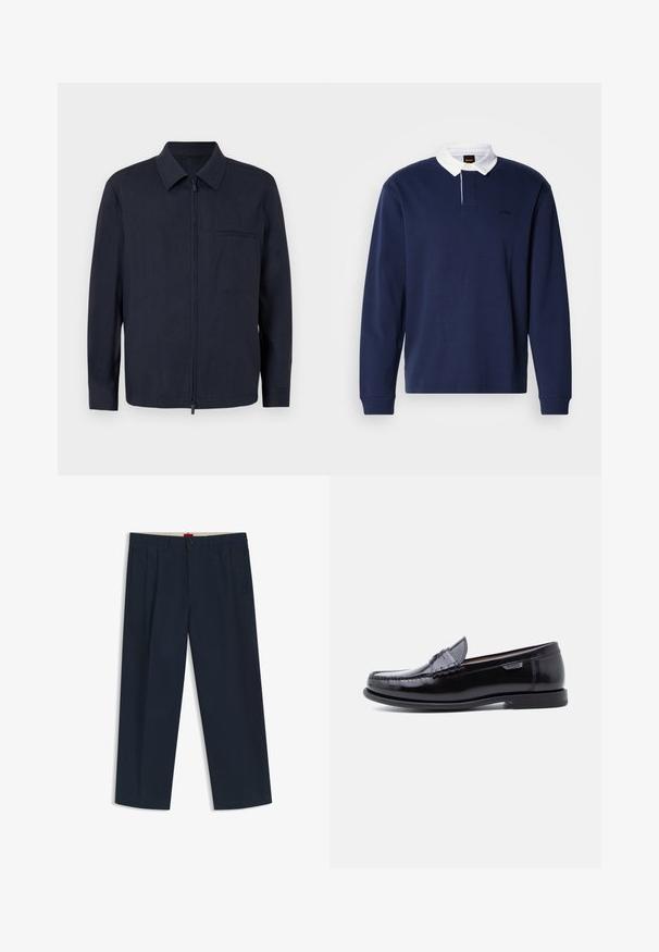 Marineblaues Jackett aus leichtem Stoff, mit einem Reißverschluss vorne, einem Kragen und einer Brusttasche. Lange Ärmel mit geknöpften Manschetten.; Marineblaues langärmliges Poloshirt mit weißem Kragen, Knopfleiste und gesticktem Logo. Weiches Baumwollmaterial, lockere Passform und gerippte Bündchen.; Dunkelblaue Hose mit weitem Bein, Gürtelschlaufen, vorderer Knopf- und Reißverschluss sowie seitlichen Taschen, auf weißem Hintergrund dargestellt.; Schwarze Leder-Loafer mit glänzendem Finish, mit einer gesteppten Verzierung auf der Zehenpartie und einer niedrigen, strukturierten schwarzen Gummisohle.