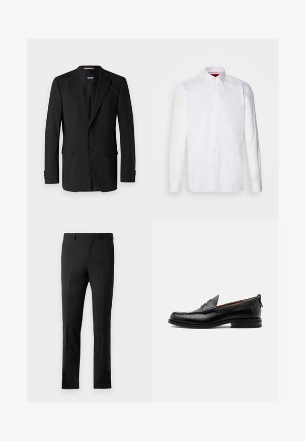 Sort blazer lavet af glat stof, med to forlommer, to knapper og et mønstret indre. Klassisk skræddersyet design.; Hvid langærmet skjorte lavet af bomuld, med en klassisk krave, frontplacket med knapper og en glat tekstur. Rød detalje på den indre krave.; Sorte bukser med en skræddersyet pasform, der har en flad front, to pressefolder, bæltestropper og en glat overflade. Ingen synlige mønstre eller beslag.; Sort læder herre loafer med moc-tå syning, penny strop, struktureret krave og lav stablet hæl på hvid baggrund.