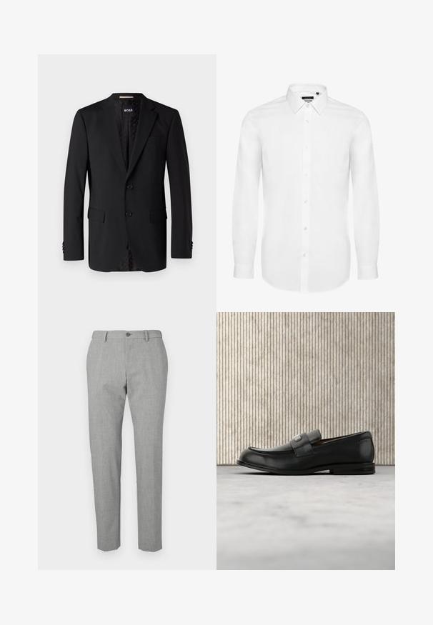 Schwarzer Blazer aus glattem Stoff, ausgestattet mit zwei Fronttaschen, zwei Knöpfen und einem gemusterten Innenfutter. Klassisches, tailliertes Design.; Weißes Langarmhemd aus gewebtem Stoff, mit Button-Down-Kragen, durchgehender Knopfleiste und geknöpften Ärmeln. Minimalistisches Design.; Graue Hose aus einem strukturierten Stoff, mit Knopfverschluss, taillierter Passform und geradem Beinchen.; Schwarzer Lederloafer mit einer Metallmarkenplatte, der nahe einem braunen runden Tisch auf beigem Teppichboden ruht.