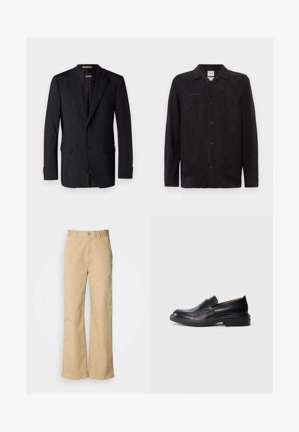 Sort blazer lavet af glat stof, med to forlommer, to knapper og et mønstret indre. Klassisk skræddersyet design.; Sort langærmet skjorte lavet af let stof, med en slagkrave, knapper foran og to brystlommer.; Beige, vidde bukser lavet af en bomuldsblanding. Har en knaplukning og bæltestropper. Glat tekstur med minimale syninger.; Sorte læder slip-on dress sko med lav hæl og subtil Calvin Klein logo på siden, vist i profil på en hvid baggrund.