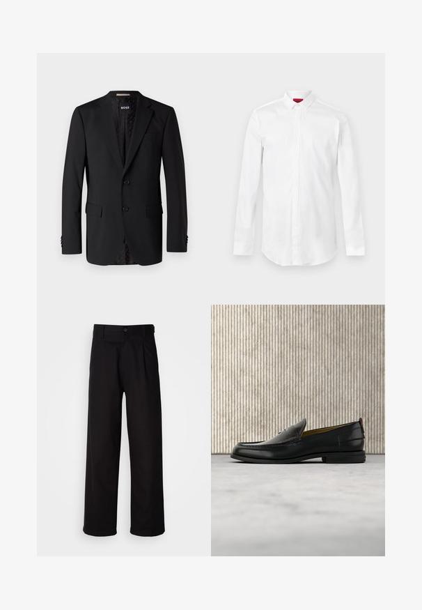 Sort blazer lavet af glat stof, med to forlommer, to knapper og et mønstret indre. Klassisk skræddersyet design.; Hvid skjorte med lange ærmer, spids krave og skjult knaplukning, vist på en ensartet lys baggrund.; Sorte bukser lavet af glat stof, med lige ben, frontfolder og en enkelt knaplukning i taljen.; Sort læder herreloafer med krokodillepræget forstykke og lav hæl, vist i profil på en neutral baggrund.