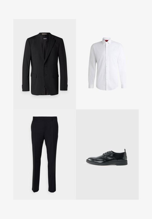 Sort blazer lavet af glat stof, med to forlommer, to knapper og et mønstret indre. Klassisk skræddersyet design.; Hvid skjorte med knapper lavet af glat stof med klassisk krave, lange ærmer og rundet kant. Har beige knapper foran.; Sorte bukser lavet af vævet stof, med en skræddersyet pasform, flad front, sidelommer og lige ben-design.; Blank sort læder dresssko med lav hæl, snørelukning og rund tå, vist fra siden på ensfarvet lys baggrund.