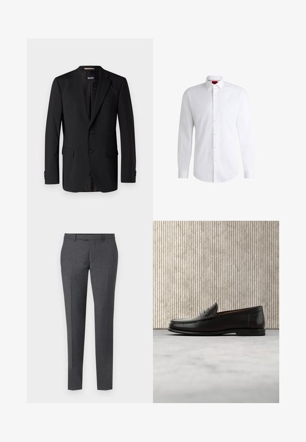 Blazer negro hecho de tela suave, con dos bolsillos frontales, dos botones y un interior con estampado. Diseño clásico y ajustado.; Camisa blanca de botones, confeccionada en tela suave, con collar clásico, mangas largas y dobladillo curvado. Presenta botones beige en la parte delantera.; Pantalones gris ajustados con una textura suave, corte recto, frente plano y passantes para cinturón. Cuenta con un sutil patrón de cuadros y una línea de planchado en el frente.; Mocasín penny de cuero negro con tacón bajo, punta redondeada y detalles cosidos en la parte delantera y los laterales, mostrado sobre un fondo neutro.