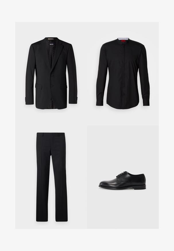 Sort blazer lavet af glat stof, med to forlommer, to knapper og et mønstret indre. Klassisk skræddersyet design.; Sort langærmet skjorte med mandarin-krave, lavet af et glat stof, med knaplukning foran og diskrete designdetaljer.; Sorte skræddersyede bukser med et lige ben design, skarpe folder og en glat overflade. Fremstillet af letvægtsstof med en ren talje.; Sorte læderherresko med rund tå, snørebåndsdesign, glat overflade og en lavprofil gummisål. Minimal syning detaljer.