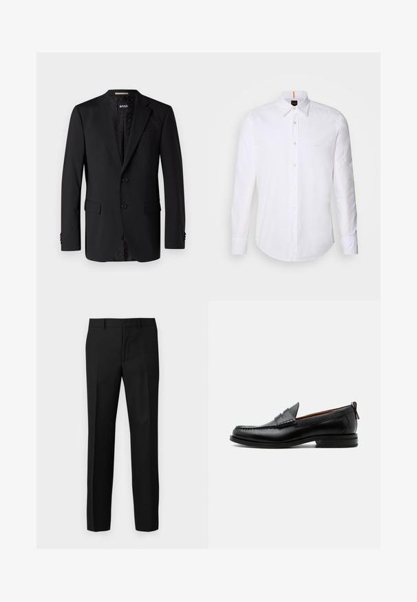 Blazer negro hecho de tela suave, con dos bolsillos frontales, dos botones y un interior con estampado. Diseño clásico y ajustado.; Camisa blanca de manga larga y corte clásico, hecha de algodón, que presenta un cuello clásico, un logo sutil cerca del pecho y botones blancos.; Pantalones negros de corte ajustado con una textura suave, que cuentan con un diseño de pierna recta, pliegues frontales y una cinturilla plana. Sin bolsillos visibles.; Mocasín de hombre de piel negra con costura moc toe, tira penny, cuello texturizado y tacón bajo apilado sobre fondo blanco.