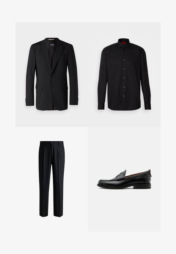 Sort blazer lavet af glat stof, med to forlommer, to knapper og et mønstret indre. Klassisk skræddersyet design.; Sort langermet skjorte lavet af glat stof, med en klassisk krave, knaplukning foran og skræddersyet pasform.; Sorte bukser lavet af glat stof, med lige ben-design, plisseringer foran og knaplukning med bæltestropper.; Sort læder herre loafer med moc-tå syning, penny strop, struktureret krave og lav stablet hæl på hvid baggrund.