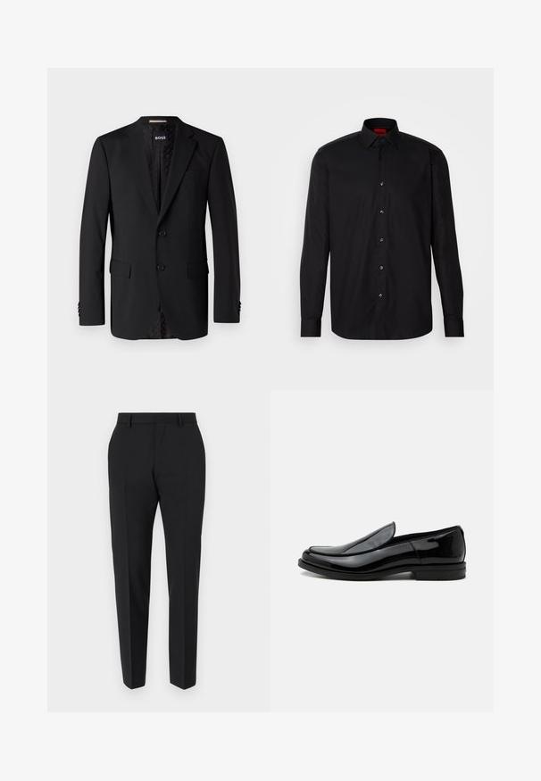 Blazer negro hecho de tela suave, con dos bolsillos frontales, dos botones y un interior con estampado. Diseño clásico y ajustado.; Camisa negra de manga larga hecha de una tela suave, con un cuello clásico con tapa, cierre frontal de botones y un ajuste entallado.; Pantalones negros con un diseño a medida, con frente plano, detalles de pliegue y un corte ajustado. Fabricados con una tela suave para un aspecto refinado.; Zapato de vestir negro de piel brillante tipo slip-on con tacón bajo y punta redondeada, visto de lado sobre un fondo blanco liso.