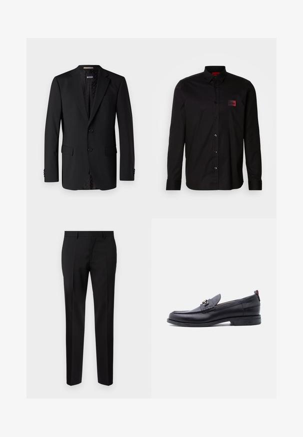 Sort blazer lavet af glat stof, med to forlommer, to knapper og et mønstret indre. Klassisk skræddersyet design.; Sort langærmet skjorte lavet af glat stof, med knaplukning, klassisk krave og en lille rød mærke-patch på brystet.; Sorte skræddersyede bukser lavet af glat stof, med lige ben, raffinerede folder og en klassisk talje med bæltestropper.; Sort lædermokasin med grå tekstureret forfod, sølvfarvet metalspænde, lav hæl og trækflap bagpå.