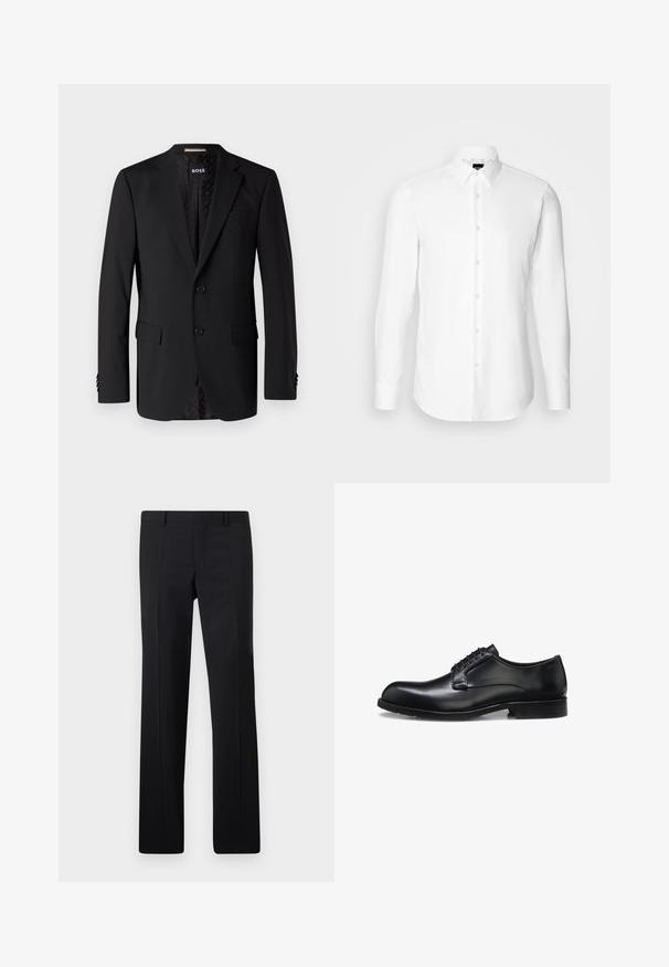 Blazer negro hecho de tela suave, con dos bolsillos frontales, dos botones y un interior con estampado. Diseño clásico y ajustado.; Camisa blanca de manga larga, con cierre de botones en el frente, cuello clásico, confeccionada con una tela suave con una textura sutil, diseñada para un ajuste entallado.; Pantalones negros ajustados con un diseño de pierna recta, pliegues marcados y un acabado suave. Fabricados en tejido ligero con una cintura limpia.; Zapato de vestir para hombre de cuero negro pulido con cordones cerrados, tacón bajo y detalle sutil de marca cerca del talón sobre un fondo blanco.