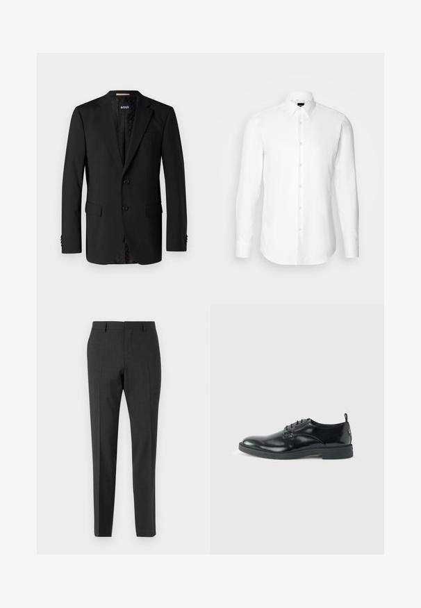Blazer negro hecho de tela suave, con dos bolsillos frontales, dos botones y un interior con estampado. Diseño clásico y ajustado.; Camisa blanca de manga larga, con cierre de botones en el frente, cuello clásico, confeccionada con una tela suave con una textura sutil, diseñada para un ajuste entallado.; Pantalones tailored en gris oscuro con una textura suave, de corte ajustado, frente plano y pasadores para cinturón, diseñados para atuendos formales o de negocios.; Zapato de vestir negro de cuero brillante con tacón bajo, cierre de cordones y puntera redonda, mostrado de lado sobre un fondo claro y liso.