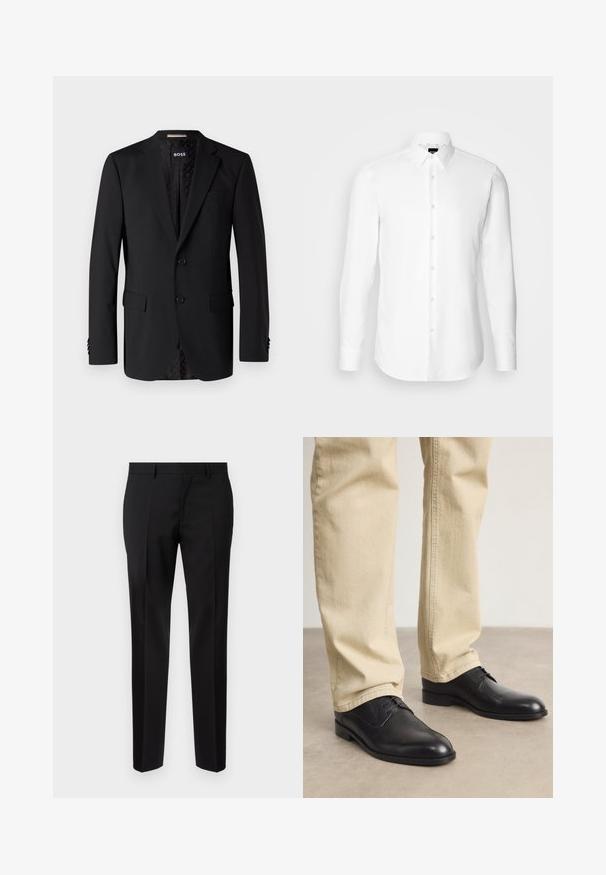 Zwarte blazer van gladde stof, met twee zijzakken, twee knopen en een gestreepte voering. Klassiek en getailleerd ontwerp.; Witte blouse met lange mouwen, knoopsluiting aan de voorkant, klassieke kraag, gemaakt van gladde stof met een subtiele textuur, ontworpen voor een aansluitende pasvorm.; Zwarte op maat gemaakte broeken van een gladde stof, met een rechte pijp, verfijnde plooidetails en een klassieke tailleband met riemlussen.; Zwarte leren veterschoenen met een ronde neus, een gladde afwerking en subtiele stikdetails, gedragen met lichtbeige broeken.