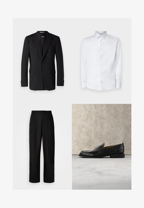Blazer negro hecho de tela suave, con dos bolsillos frontales, dos botones y un interior con estampado. Diseño clásico y ajustado.; Camisa blanca de manga larga hecha de tela suave, con un cuello clásico, tapeta de botones y puños con botones, presentada sobre un fondo liso.; Pantalones negros con corte recto, textura suave, pliegues frontales y cintura estándar. Diseño minimalista sin patrones adicionales.; Mocasín de cuero negro para hombre con empeine grabado en relieve de cocodrilo y tacón bajo, mostrado de perfil sobre un fondo neutro.