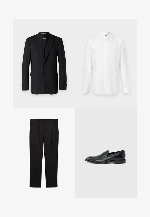 Sort blazer lavet af glat stof, med to forlommer, to knapper og et mønstret indre. Klassisk skræddersyet design.; Hvid skjorte med lange ærmer og ståkrave samt skjult knapperække, vist mod en ensartet lys baggrund.; Sorte herre formelle bukser med forlommer, bæltestropper, knaplukning og lige ben.; Sort læder herre loafer med lav hæl, rund tå og lille metallisk logo på remmen, vist i sideprofil på ensfarvet baggrund.