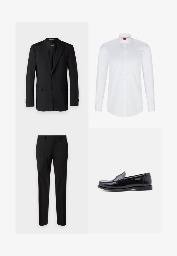 Zwarte blazer van gladde stof, met twee zijzakken, twee knopen en een gestreepte voering. Klassiek en getailleerd ontwerp.; Witte lange mouwen knoopsluiting shirt gemaakt van soepel katoen. Beschikt over een klassieke kraag, volledige knoopsluiting en afgeronde zoom.; Zwarte op maat gemaakte broeken van een gladde stof, met een rechte pijp, verfijnde plooidetails en een klassieke tailleband met riemlussen.; Zwarte leren loafers met een glanzende afwerking, voorzien van een gestikt ontwerp op de neus en een lage, zwarte rubberen zool met structuur.