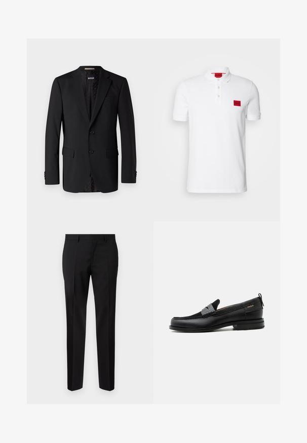 Sort blazer lavet af glat stof, med to forlommer, to knapper og et mønstret indre. Klassisk skræddersyet design.; Hvid polo t-shirt lavet af bomuld, med en tre-knaps placket, korte ærmer og et rødt rektangulært logo patch på venstre bryst.; Sorte skræddersyede bukser lavet af glat stof, med lige ben, raffinerede folder og en klassisk talje med bæltestropper.; Sort læderloafer med grå remdetalje, lav hæl og tekstureret sål, mærket med "HUGO" i guld på siden.