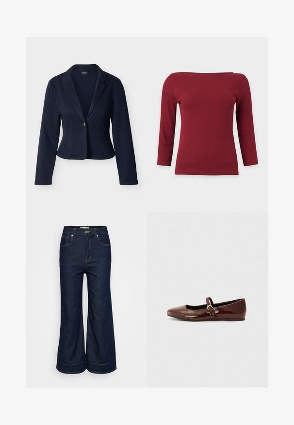 Blazer pour femme bleu marine à manches longues, fermeture à un bouton doré, col à revers cranté, coupe ajustée et longueur courte.; Haut à manches longues côtelé rouge foncé uni avec un large col bateau et une silhouette ajustée sur fond gris clair.; Jean en denim bleu foncé à jambe large, avec fermeture à bouton et à glissière à l'avant, et design à cinq poches, présenté sur un fond clair.; Ballerine en cuir verni marron avec un bout carré et une lanière ornée d'une petite boucle dorée. Texture lisse, talon bas et design minimaliste.