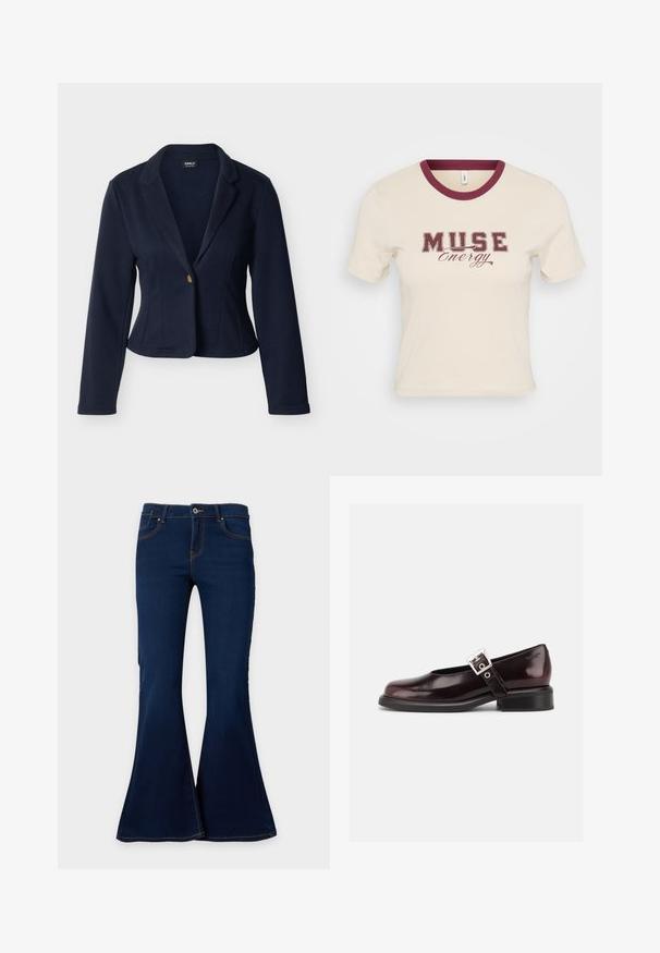 Blazer pour femme bleu marine à manches longues, fermeture à un bouton doré, col à revers cranté, coupe ajustée et longueur courte.; T-shirt crème à manches courtes avec un col côtelé bordeaux et un graphisme "MUSE Energy" en police bordeaux foncé, centré sur le devant.; Jean flare en denim bleu foncé avec fermeture avant par bouton et zip, poches avant et passants de ceinture, présenté sur un fond uni.; Chaussure Mary Jane unique brillante couleur bordeaux foncé avec une large bride et une boucle argentée, talon bloc bas et bout arrondi sur fond blanc.
