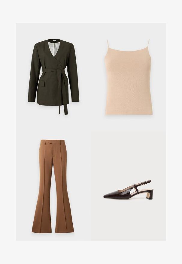 Blazer vert olive avec un col en V, des manches longues, une fermeture à un bouton, des poches latérales et une ceinture en tissu assorti. Doublure en satin rayé.; Camisole en tricot beige avec des bretelles fines, présentant une coupe ajustée et un tissu texturé, idéale pour le superposition ou un usage décontracté.; Pantalons évasés marron en tissu lisse, avec une taille haute, des plis pressés et une poche avant pour un détail supplémentaire.; Chaussure slingback en cuir marron foncé à texture crocodile, bout pointu, talon bas bloc et bride ajustable avec boucle dorée.