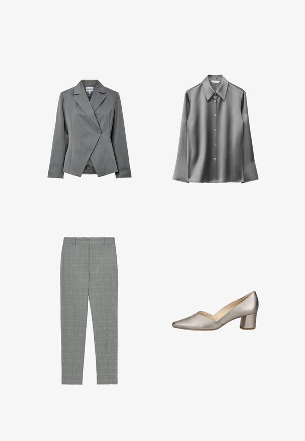 Blazer gris à rayures fines avec un devant croisé, des revers aigus et une fermeture à un bouton. Il possède des manches longues et une coupe cintrée.; Chemise longue en satin gris à manches longues, dotée d'un col pointu, d'une fermeture à boutons et de détails aux poignets évasés. Texture lisse avec un léger éclat.; Pantalons tapered à carreaux gris avec passants de ceinture et devant plat, conçus pour une coupe ajustée.; Chaussure femme en cuir métallisé argenté à talon bas carré, bout pointu et ouverture en V sur le côté.