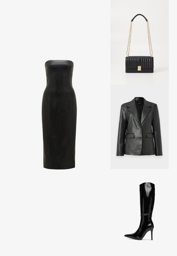 Schwarze Lederblazer mit strukturiertem Design, mit Reverskragen, Zwei-Knopf-Frontverschluss und zwei Vordertaschen; glatte Textur.; Schwarzes, trägerloses Lederkleid mit einer figurbetonten Silhouette, knielang, glatte Textur und vertikale Nähte für Definition.; Knielange schwarze Lacklederstiefel mit spitzem Zeh, hohem Stiletto-Absatz und einem dekorativen Riemen um das Knöchel.; Schwarze Lederhandtasche mit Steppmuster, goldener Kette und Lederschulterriemen, rechteckige Form, mit einem metallischen Verschlussdetail.