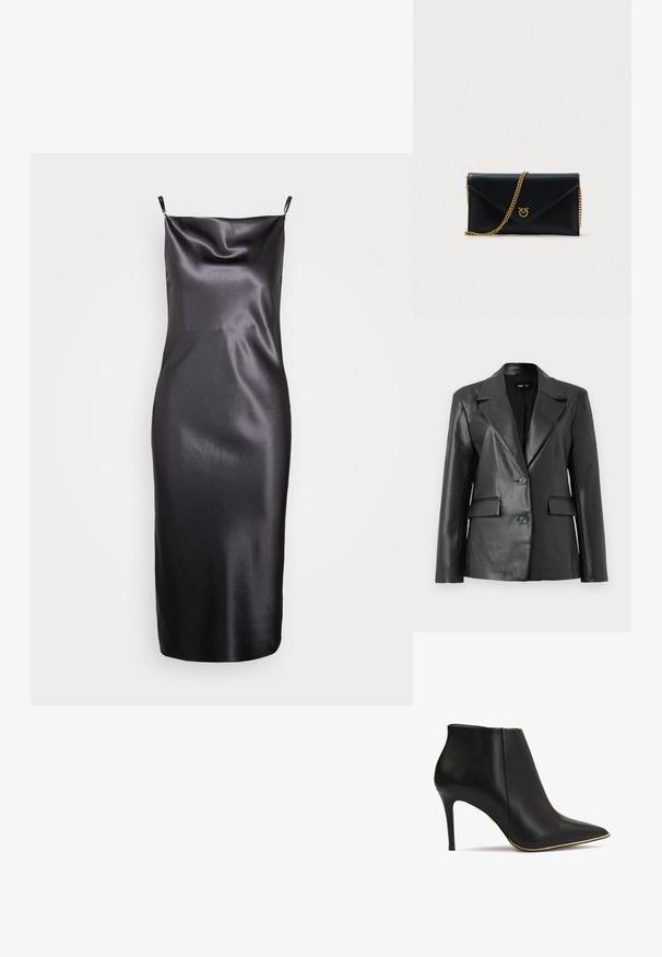 Blazer de cuero negro con un diseño estructurado, solapas con muesca, cierre frontal de dos botones y dos bolsillos frontales; textura lisa.; Samsøe Samsøe FREDERICKA LONG DRESS - Vestido de cóctel - ombre dark; Botín de cuero negro hasta el tobillo con punta afilada, tacón alto de stiletto y un acento dorado a lo largo de la suela. Textura suave y diseño elegante.; Clutch sobre de cuero negro con una cadena dorada y un emblema dorado. Presenta una textura suave y una forma estructurada.