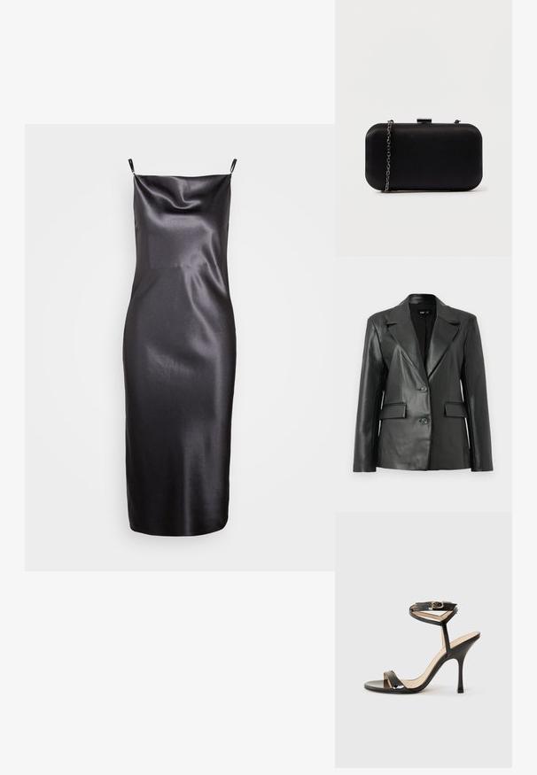 Blazer de cuero negro con un diseño estructurado, solapas con muesca, cierre frontal de dos botones y dos bolsillos frontales; textura lisa.; Samsøe Samsøe FREDERICKA LONG DRESS - Vestido de cóctel - ombre dark; Sandalia de tacón alto de charol negro con tira delgada en el tobillo y hebilla, punta abierta y tacón aguja esbelto sobre fondo blanco.; Clutch rectangular negro hecho de material suave. Cuenta con una correa de cadena desmontable y un cierre metálico en la parte superior. Diseño simple con bordes redondeados.