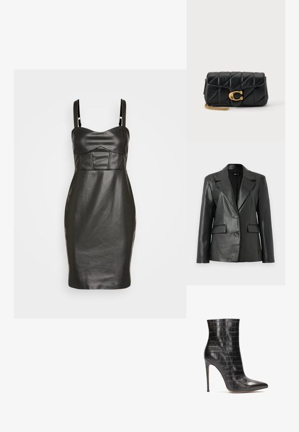 Schwarze Lederblazer mit strukturiertem Design, mit Reverskragen, Zwei-Knopf-Frontverschluss und zwei Vordertaschen; glatte Textur.; Schwarzes Kunstlederkleid mit taillierter Silhouette, dünnen Trägern und einem strukturierten, gepolsterten Oberteil mit vertikalen Nähten. Glatte Textur.; Schwarze Lederstiefeletten mit Krokodillederstruktur, spitzer Zehenform und hohem Stiletto-Absatz, mit glänzender Oberfläche.; Schwarze gesteppte Leder-Clutch mit goldener Metallkette und großem goldenen „C“-Logo-Verschluss an der Vorderklappe.