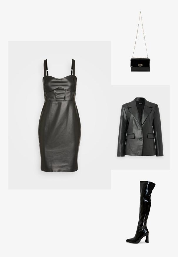Schwarze Lederblazer mit strukturiertem Design, mit Reverskragen, Zwei-Knopf-Frontverschluss und zwei Vordertaschen; glatte Textur.; Schwarzes Kunstlederkleid mit taillierter Silhouette, dünnen Trägern und einem strukturierten, gepolsterten Oberteil mit vertikalen Nähten. Glatte Textur.; Schwarze Overknee-Stiefel aus lackiertem Leder mit spitz zulaufender Zehenpartie, quadratischem Blockabsatz und glatter, glänzender Oberfläche. Ohne sichtbare Beschläge.; Schwarz glänzende Handtasche aus Lackleder mit einem goldenen Kettenriemen, rechteckige Form, mit einem Verschluss mit Klappe und einem metallischen Logo-Akzent.