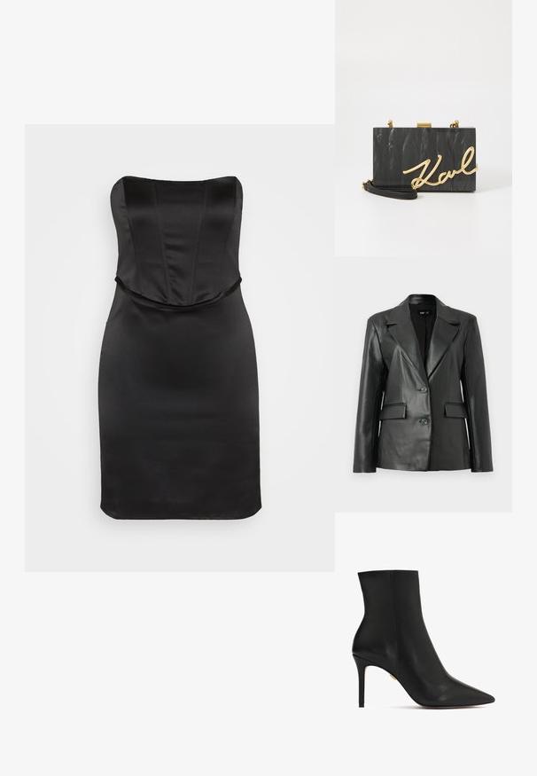 Zwarte leren blazer met een gestructureerd ontwerp, met notch-lapels, een sluiting met twee knopen en twee voorzakken; gladde textuur.; Gina Tricot CORSET DRESS - Cocktailjurk - black; Zwarte leren enkelboot met een puntige neus, hoge stilettohak en een gladde textuur. Naaddetails lopen langs de achterkant.; KARL LAGERFELD SOIREE - Clutch - black