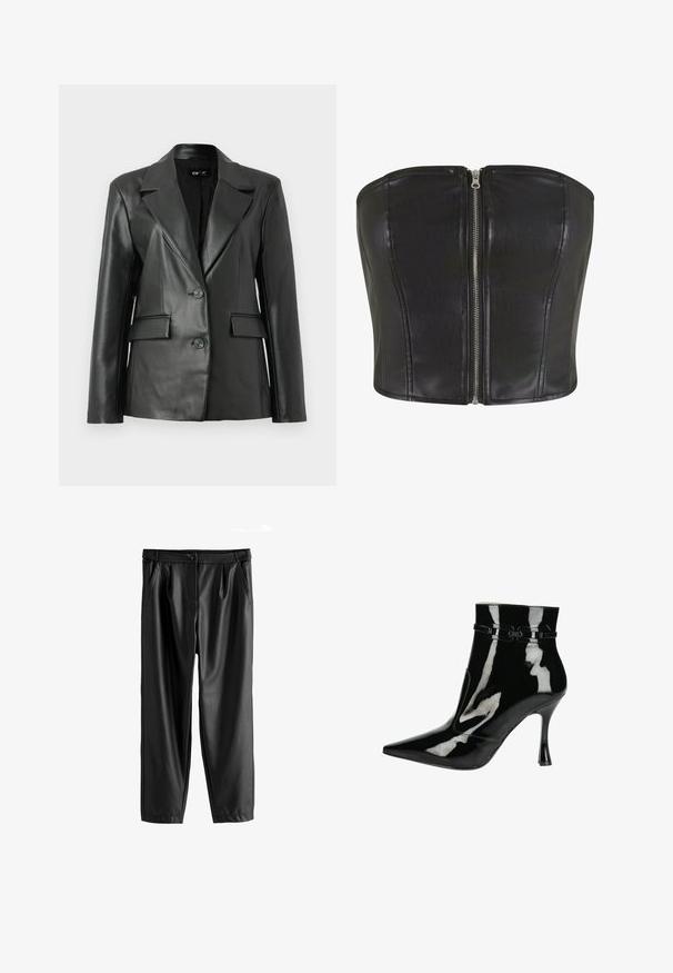 Schwarze Lederblazer mit strukturiertem Design, mit Reverskragen, Zwei-Knopf-Frontverschluss und zwei Vordertaschen; glatte Textur.; Schwarzes Leder-Corsage-Oberteil mit strukturierter Passform. Verfügt über einen zentralen silbernen Reißverschluss und Nahtdetails entlang des Oberteils. Schmeichelnde Textur.; Schwarze Kunstleder-Tapered Pants mit vorderen Falten, Seitentaschen und einem knöpfbaren Bund vor einem weißen Hintergrund.; Schwarze Lackleder-Ankle Boots mit spitzer Zehenpartie, glänzender Oberfläche, eleganten Design und schmalem Stiletto-Absatz. Dekorative Riemenakzente.