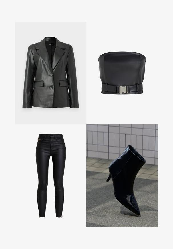 Blazer de cuero negro con un diseño estructurado, solapas con muesca, cierre frontal de dos botones y dos bolsillos frontales; textura lisa.; Top sin mangas de cuero negro con un diseño estructurado, presenta un cierre frontal con hebilla y una textura lisa y suave.; ONLY Pantalones - black; Bota negra de charol para el tobillo con tacón de aguja, sobre una superficie pavimentada y con un fondo de pared con azulejos.