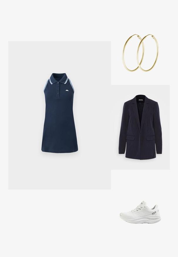 Marineblauw pinstripe blazer met geknipte revers, lange mouwen, klepzakken en een getailleerde pasvorm.; Marineblauwe mouwloze polojurk met wit en lichtblauw gestreepte bies op schouders en kraag, knoopsluiting en klein logo op de borst.; Witte sportschoen met een gestructureerd mesh bovenwerk, reflecterende details en een gedempte zool. Heeft een vetersluiting en Fila-logo accenten.; Gouden hoop oorringen met een glad, rond ontwerp en een glanzende afwerking. Lichtgewicht constructie met een stevige sluiting.