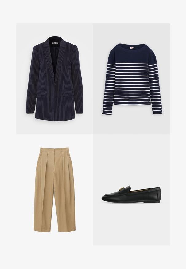 Blazer a rayas azul marino con solapas de muesca, mangas largas, bolsillos de solapa y un corte entallado.; Levi's® MARIN STRIPE - Camiseta de manga larga - navy/egret; Pantalones de talle alto de pierna ancha en color beige, con pinzas delanteras, bolsillos laterales y cintura ajustada con trabillas para cinturón.; Zapato mocasín de cuero negro con detalle de hebilla metálica dorada en la parte superior, suela plana y diseño con costuras a lo largo del borde superior.