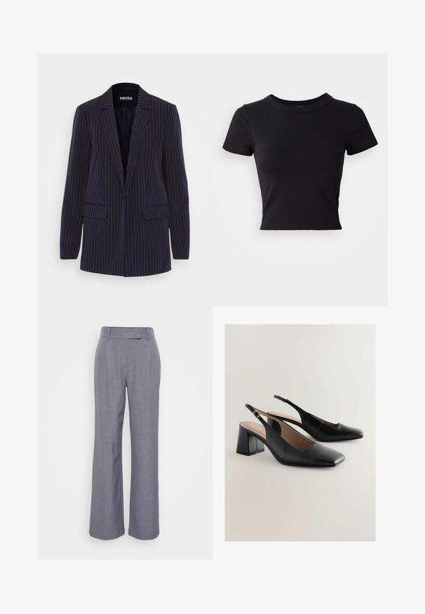 Blazer a rayas azul marino con solapas de muesca, mangas largas, bolsillos de solapa y un corte entallado.; Camiseta corta negra hecha de algodón sólido, con mangas cortas y un cuello redondo, de diseño suave y sencillo.; Pantalones de pierna ancha en gris, confeccionados con una tela texturizada. Cuentan con una cinturilla plana con presillas y pliegues en la parte delantera para un detalle adicional.; Zapatos de tacón tipo slingback de cuero negro con punta cuadrada y tacón ancho, con una sencilla correa de hebilla y textura suave.