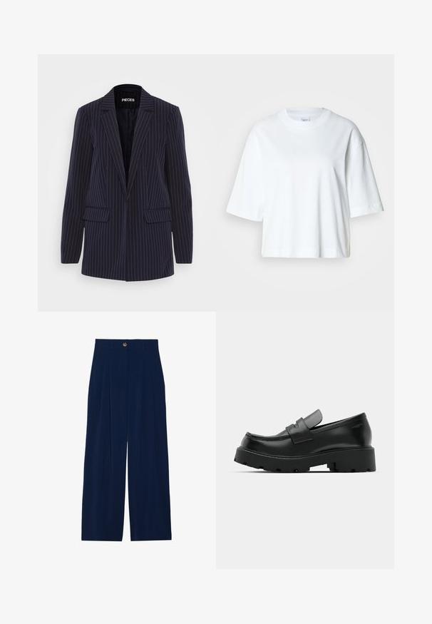 Marineblauw pinstripe blazer met geknipte revers, lange mouwen, klepzakken en een getailleerde pasvorm.; Witte cropped t-shirt met korte mouwen, ronde hals, gemaakt van zacht katoen, met een eenvoudig en strak ontwerp.; Navyblauwe broek met wijde pijpen van zachte stof, voorzien van voorplooien, een knoopsluiting en twee zijzakken.; Zwarte leren instappers met een chunky, gestructureerde zool, voorzien van een band over de voet en een gladde, gepolijste afwerking.