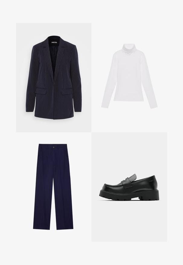 Marineblå blazer med smalle striber, med spaltestik, lange ærmer, klaplommer og en skræddersyet pasform.; Hvid langærmet turtle-neck top lavet af glat, strækbart stof. Har en høj krave og tætsiddende design, uden synlige mønstre eller udsmykninger.; Marineblå brede ben bukser lavet af blødt stof, med en enkelt knaplukning og to frontlommer. Glat tekstur uden mønstre.; Sorte læder loafers med en chunky tekstureret sål, der har en rem over vamps og en glat, poleret finish.