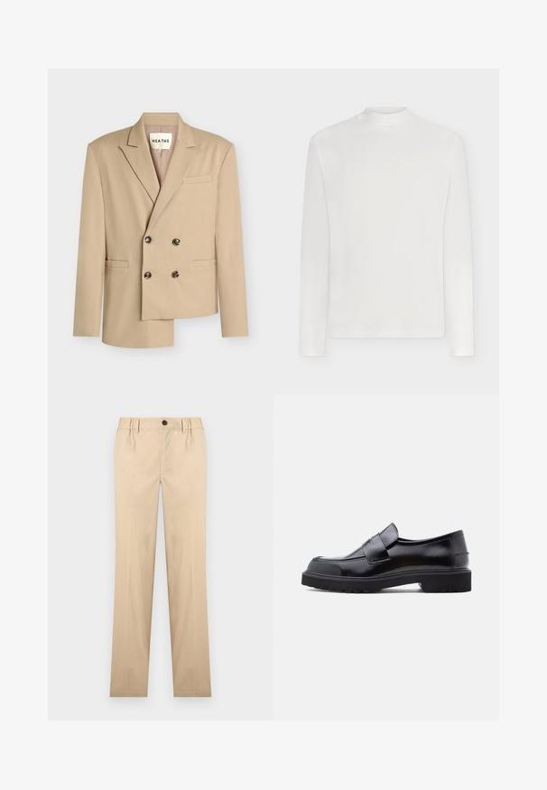Blazer beige à double boutonnage avec revers crantés, quatre boutons foncés et trois poches passepoilées, coupé de façon asymétrique à l'ourlet inférieur.; T-shirt blanc uni à manches longues avec un col rond haut, présenté de face sur un fond clair.; Pantalon beige à jambes droites avec bouton sur le devant, passants pour ceinture et poches latérales.; Chaussure noire en cuir à enfiler avec un design épuré, bout rond et semelle épaisse en caoutchouc texturé. Présente une sangle décorative à l'avant.